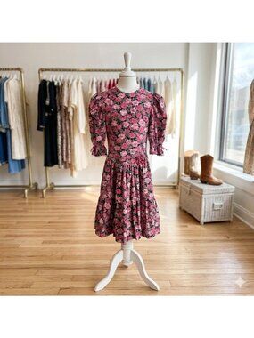 Vintage 90s Mini World Girls 14 Pink Floral Rose Garden Party Dress Tie Waist